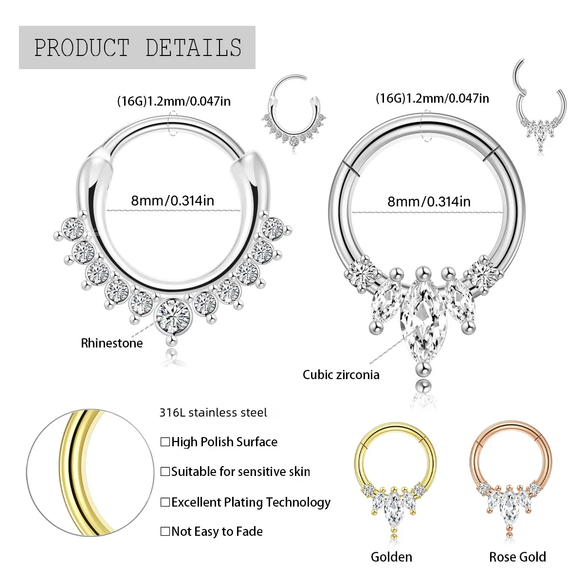 2Pcs 316L Surgical Steel Zirco - Septum Clicker Ring recensie en prijs